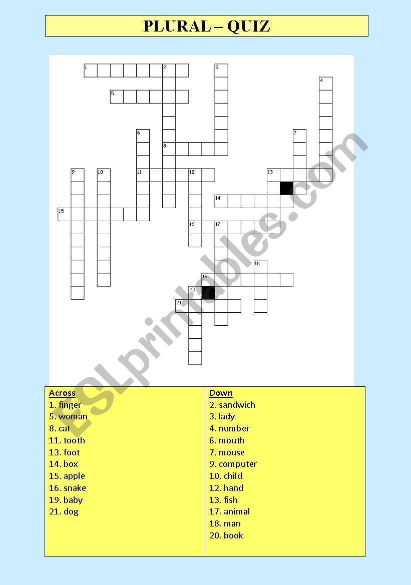 PLURAL - crossword worksheet