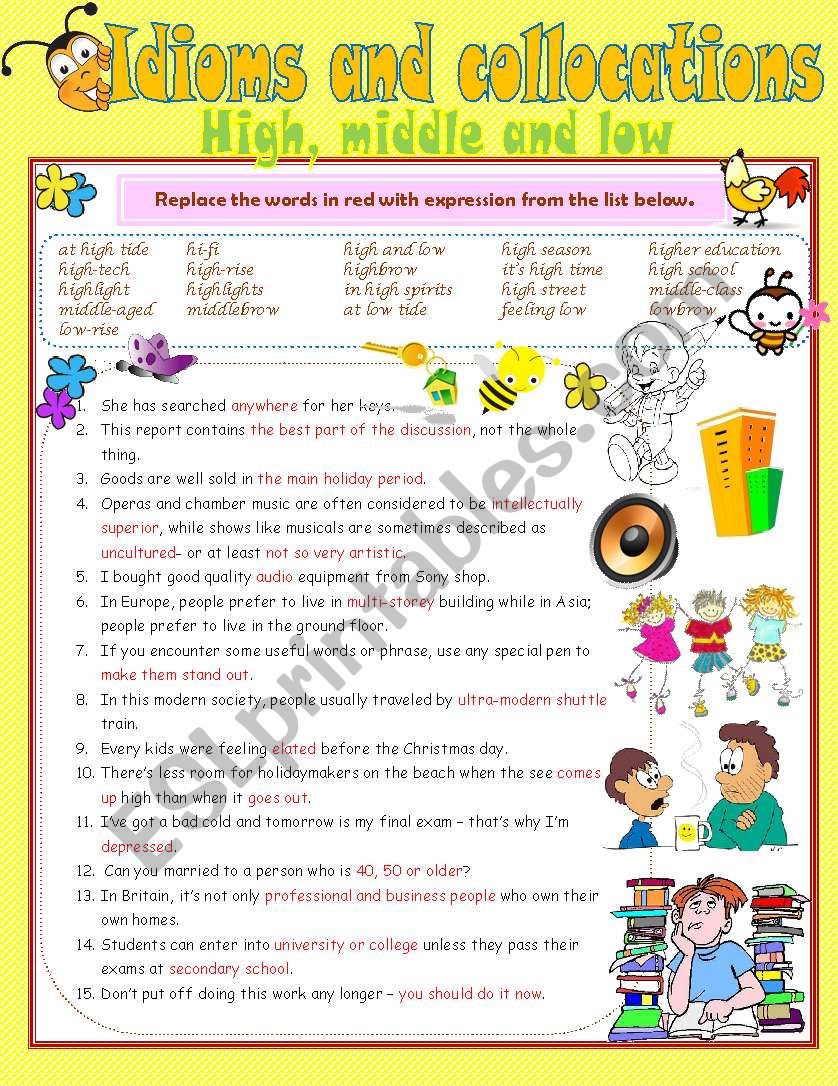 Idioms & Collocations (High, Middle & Low + Key included)