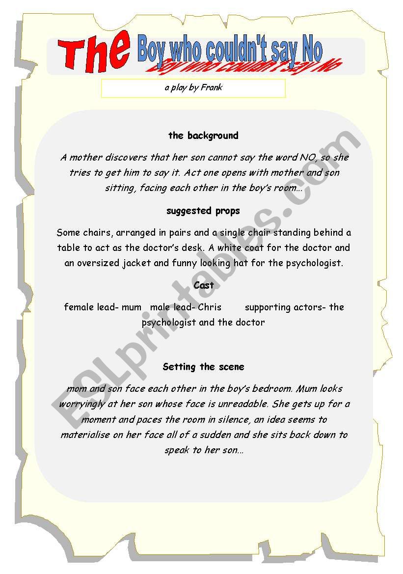 The Boy who couldnt say NO! worksheet