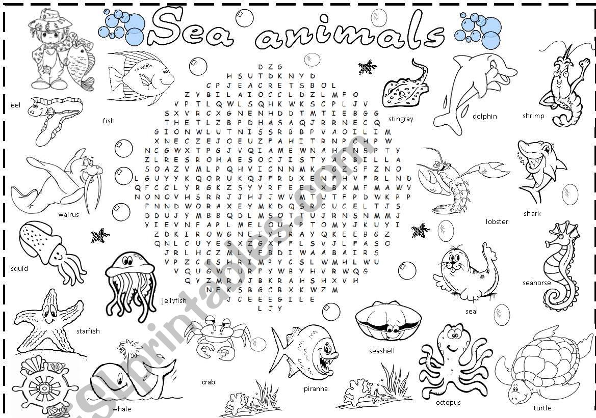 sea animals wordsearch worksheet