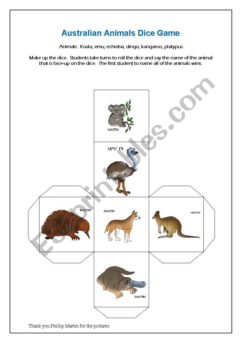 Australian Animals - dice game