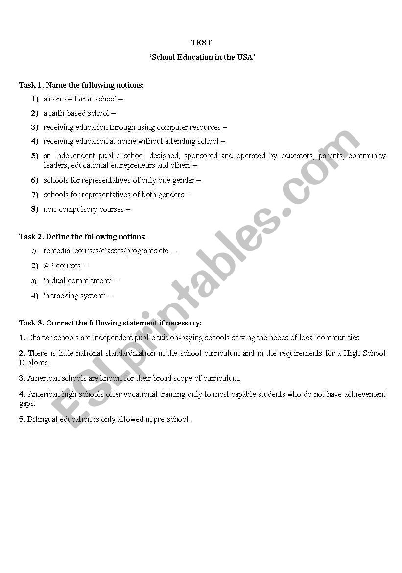 School education in the US worksheet