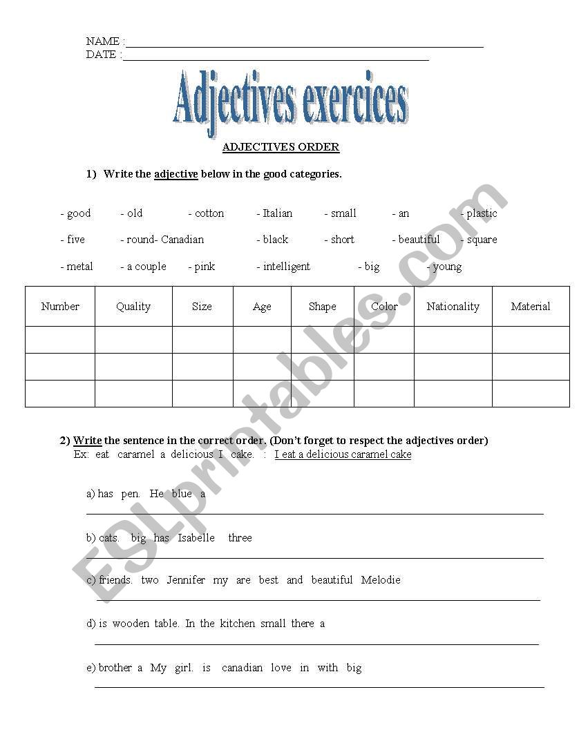 Adjectives (exercices) worksheet