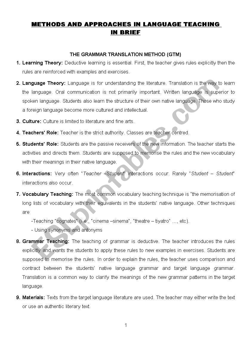 Methods and Approaches in Language Teaching (Briefly)