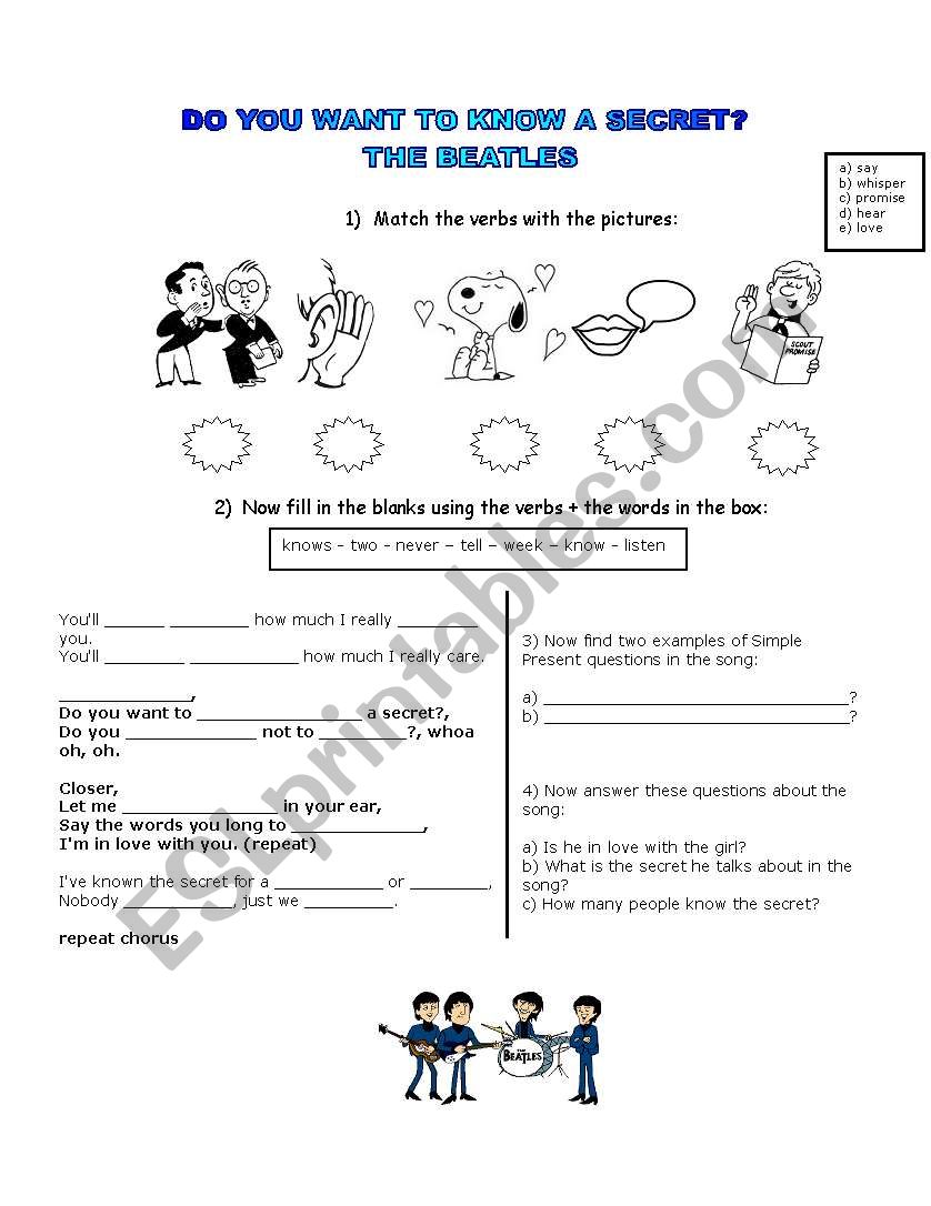 Do you want tp know a secret? The Beatles song with exercises and answer key Simple Present