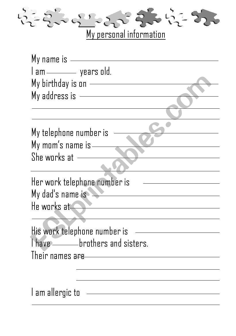 My personal details worksheet