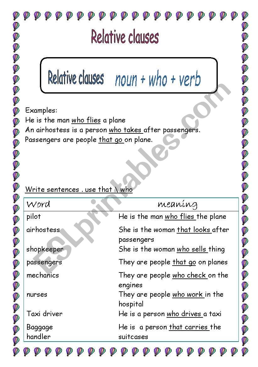 relatibve clauses worksheet