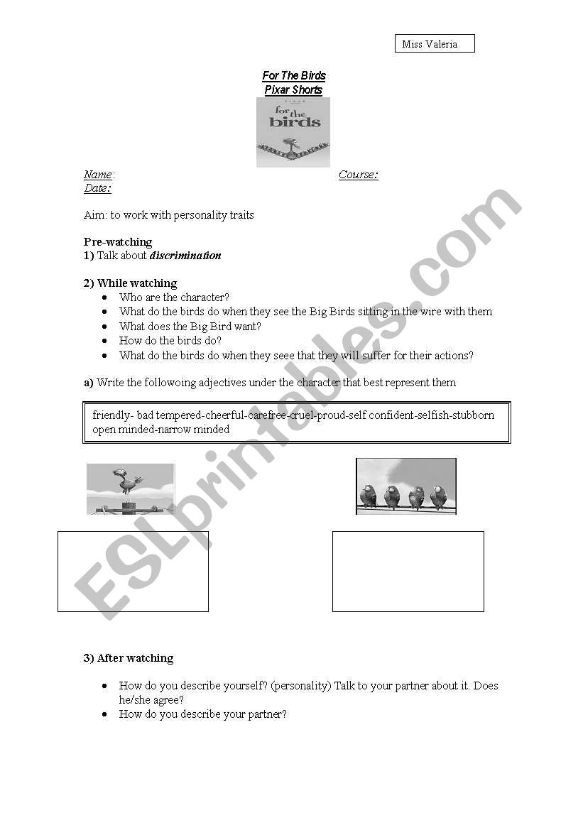 For the birds worksheet