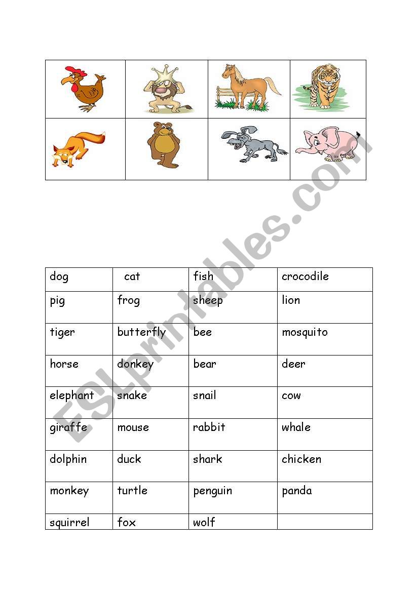 animal bingo worksheet