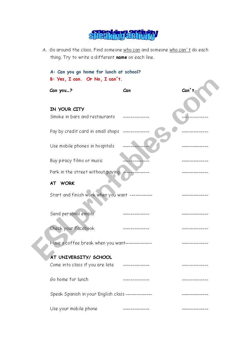 Can you? Speaking activity worksheet