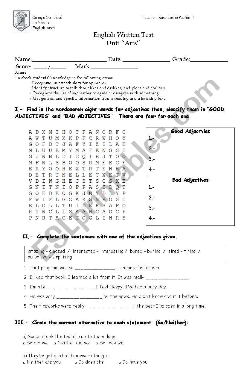 Arts Test worksheet