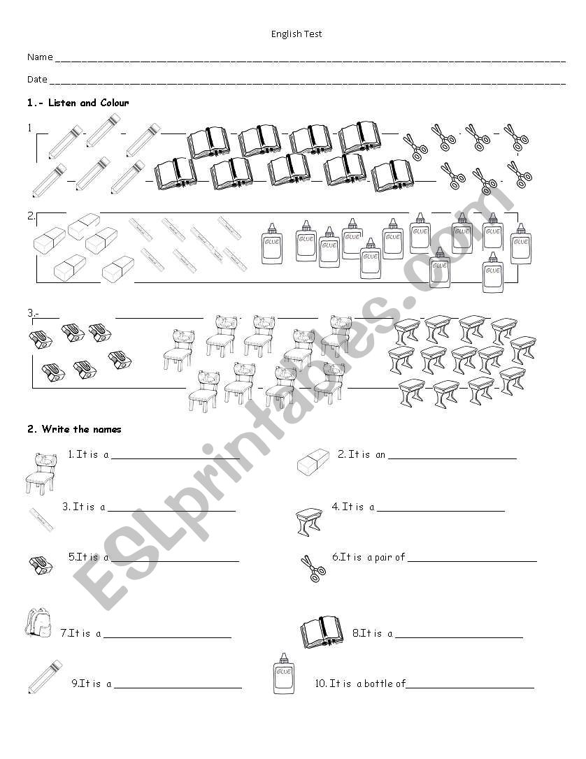 Classroom Objects Test worksheet