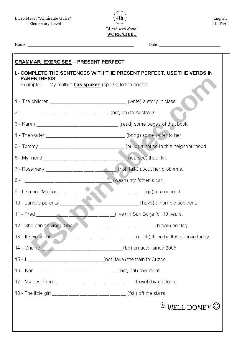 present perfect worksheet