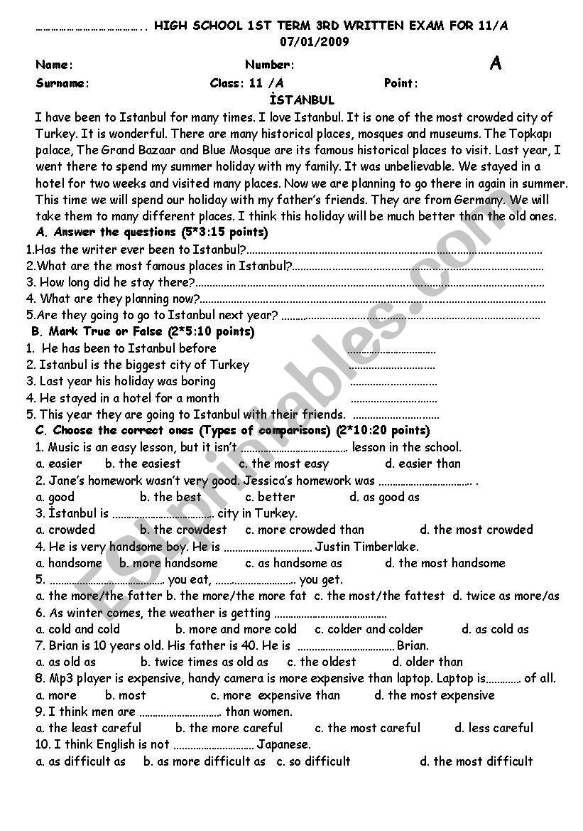 sample exam for 11th classess worksheet