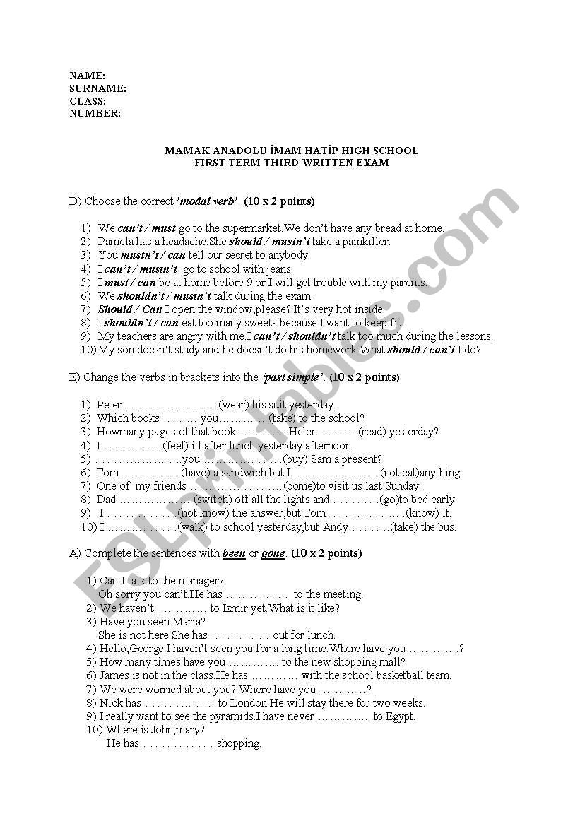 sample exam for 12th classes worksheet