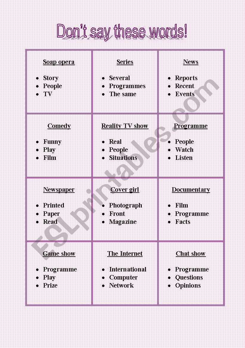 Dont say these words - Media worksheet