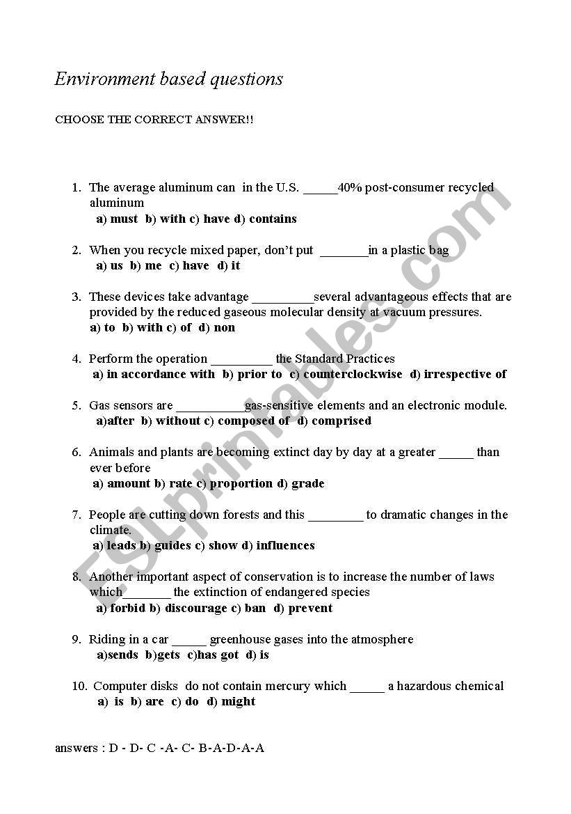 Grammar quiz about environment