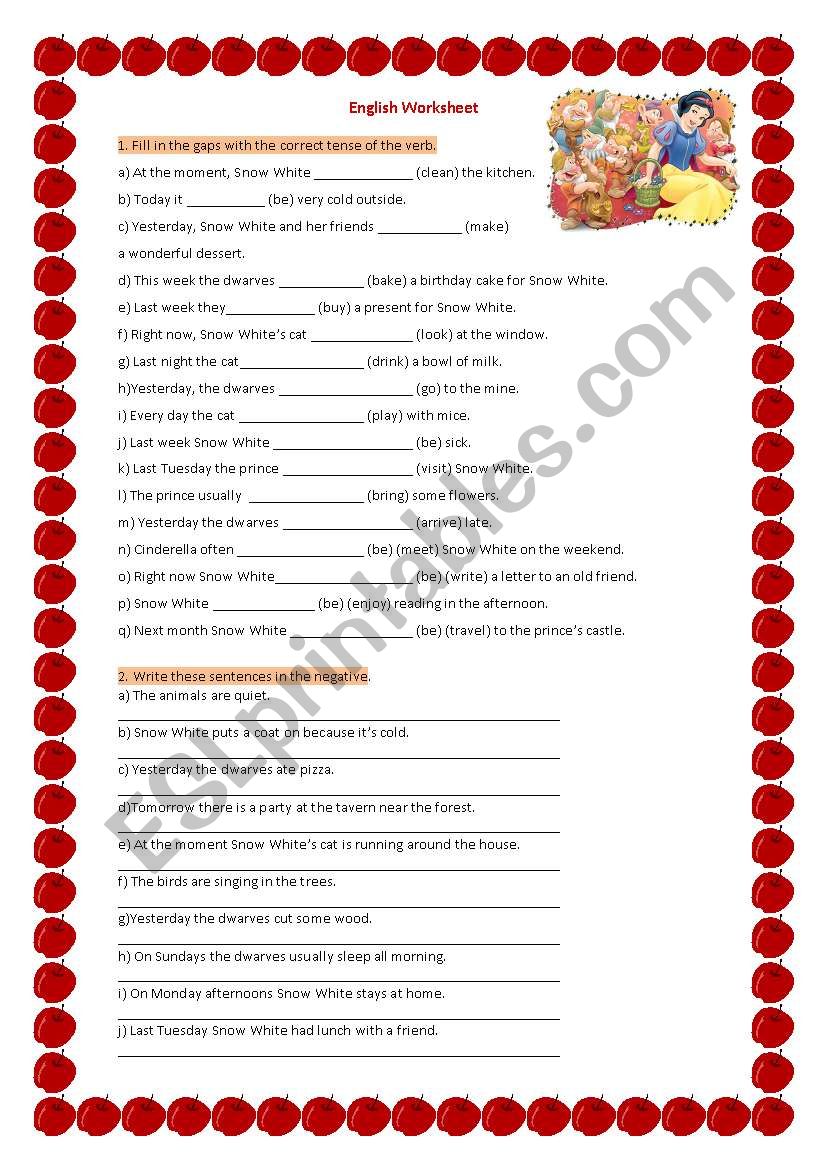 Snow White (Verb Tenses) worksheet