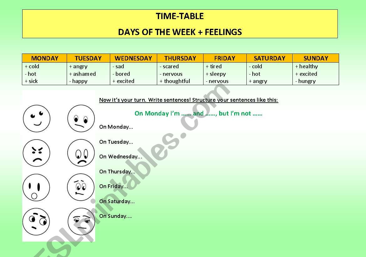 TIME TABLE + FEELINGS worksheet