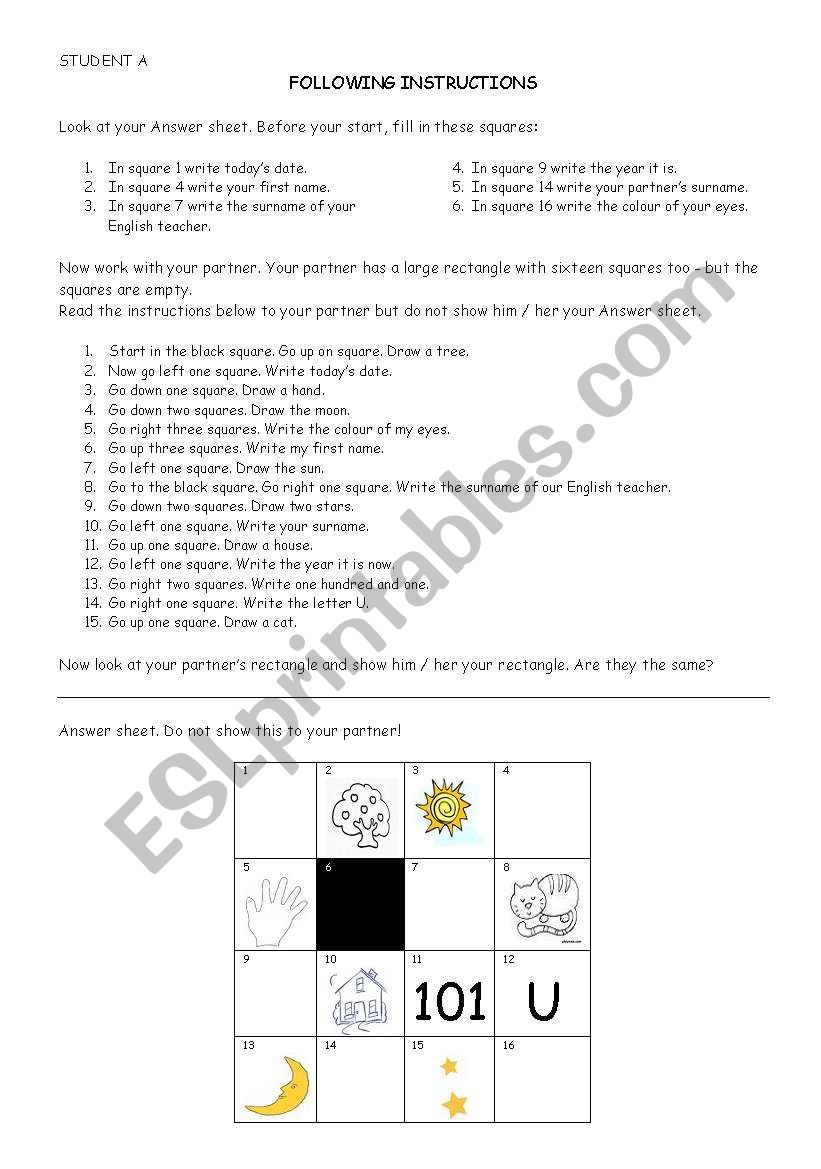 Following instructions worksheet