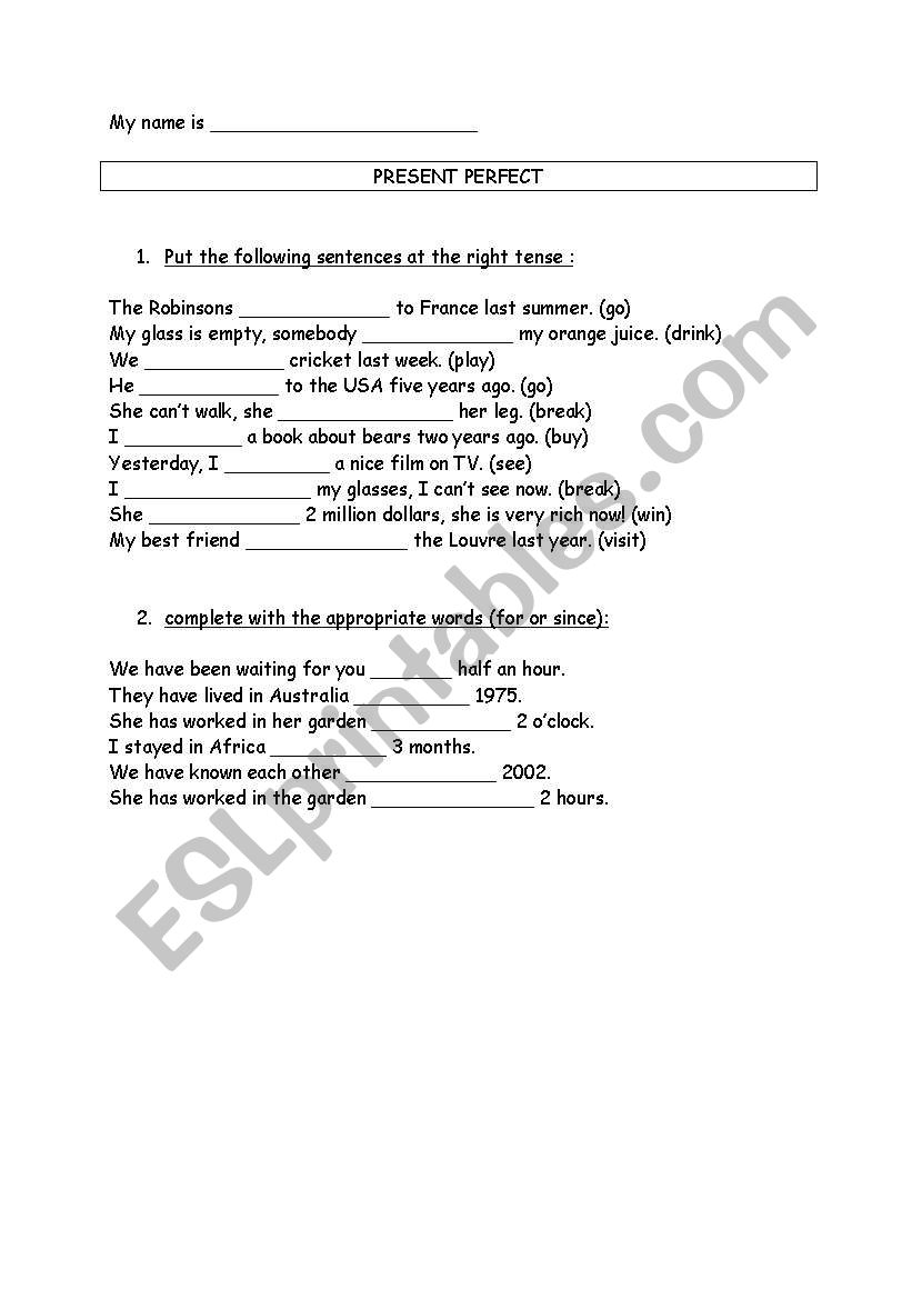 present perfect worksheet