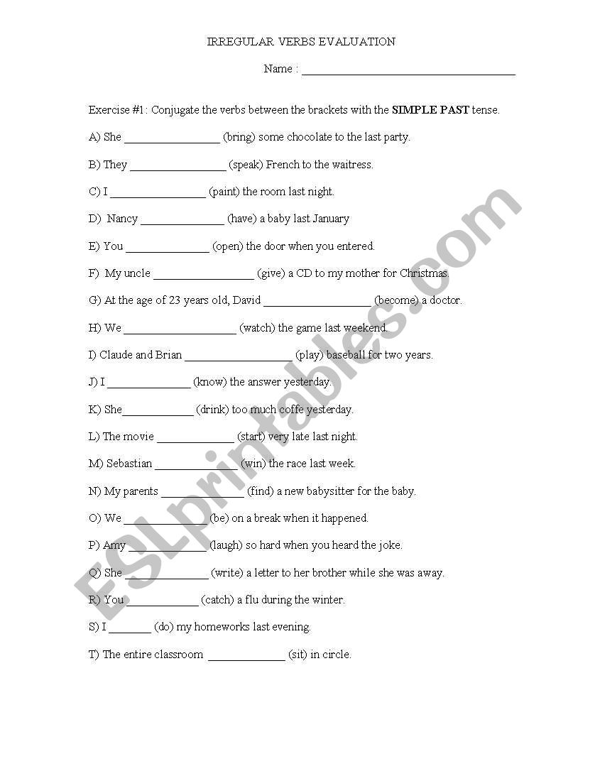 Irregular verbs evaluation worksheet