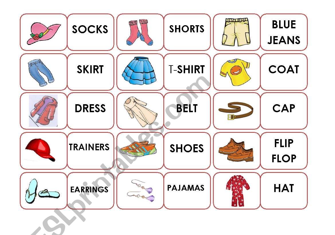 clothes for kids domino  worksheet
