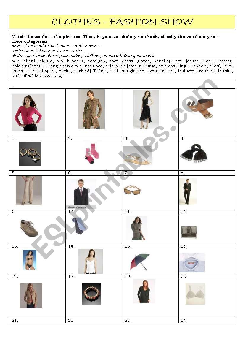 Clothes and accessories worksheet