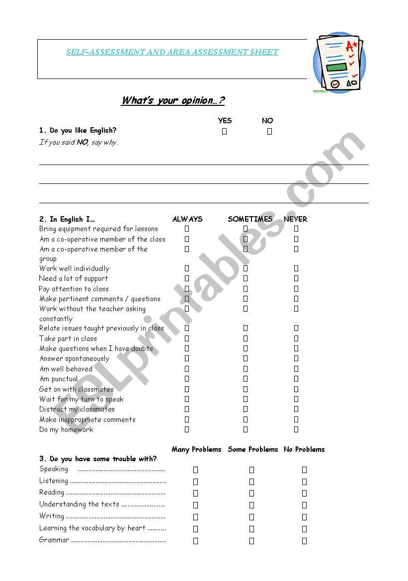 students self-assessment and area assessment