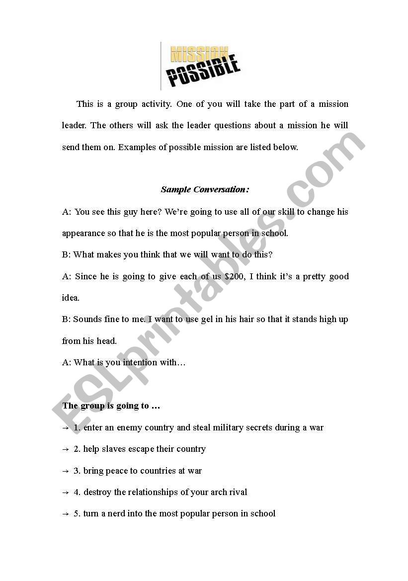 mission possible worksheet