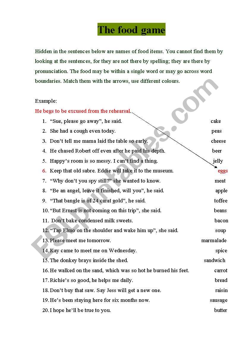 Food game worksheet