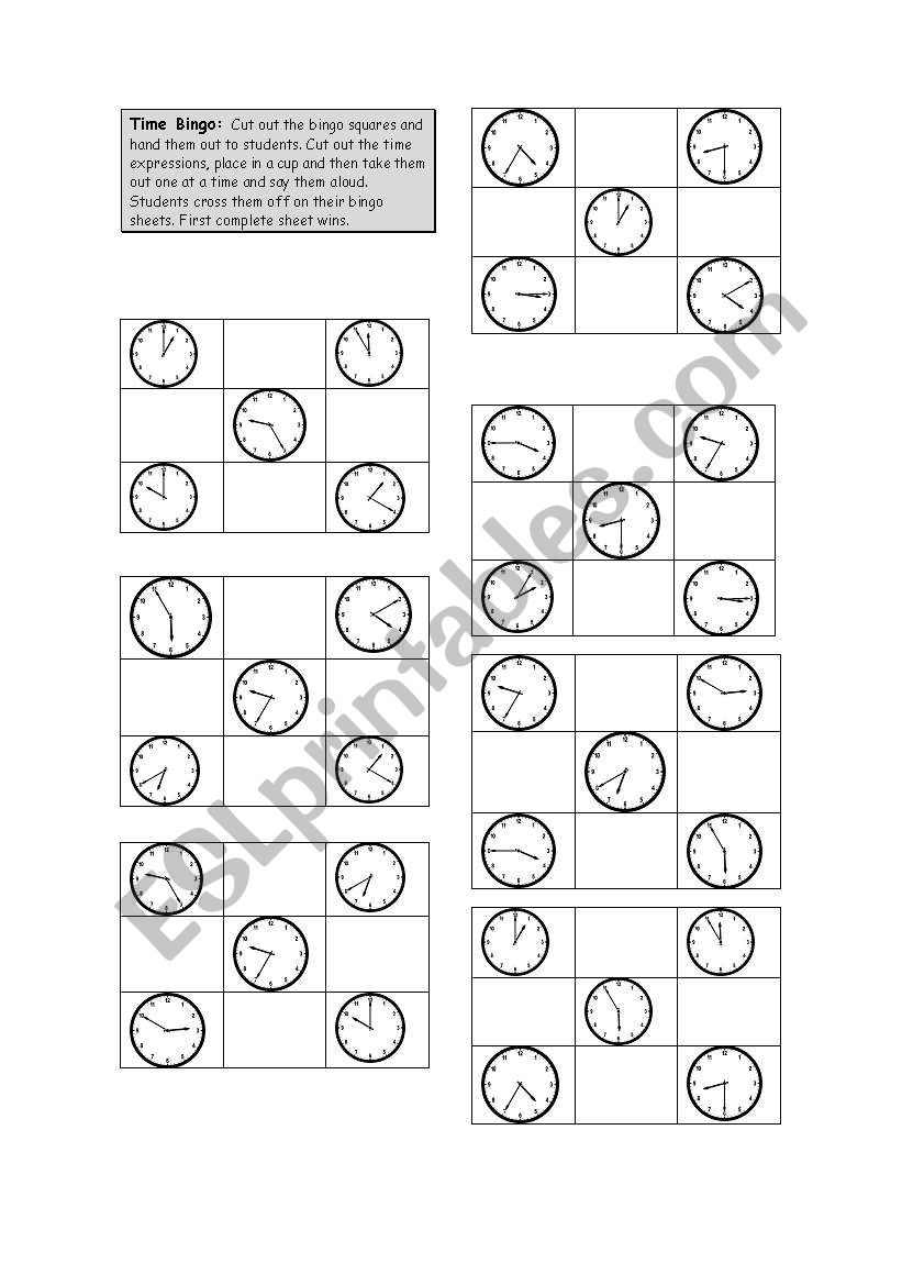 Time bingo worksheet