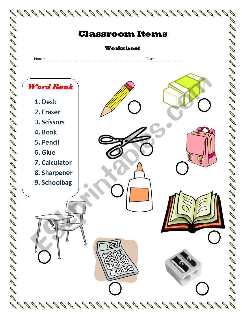 classroom items worksheet