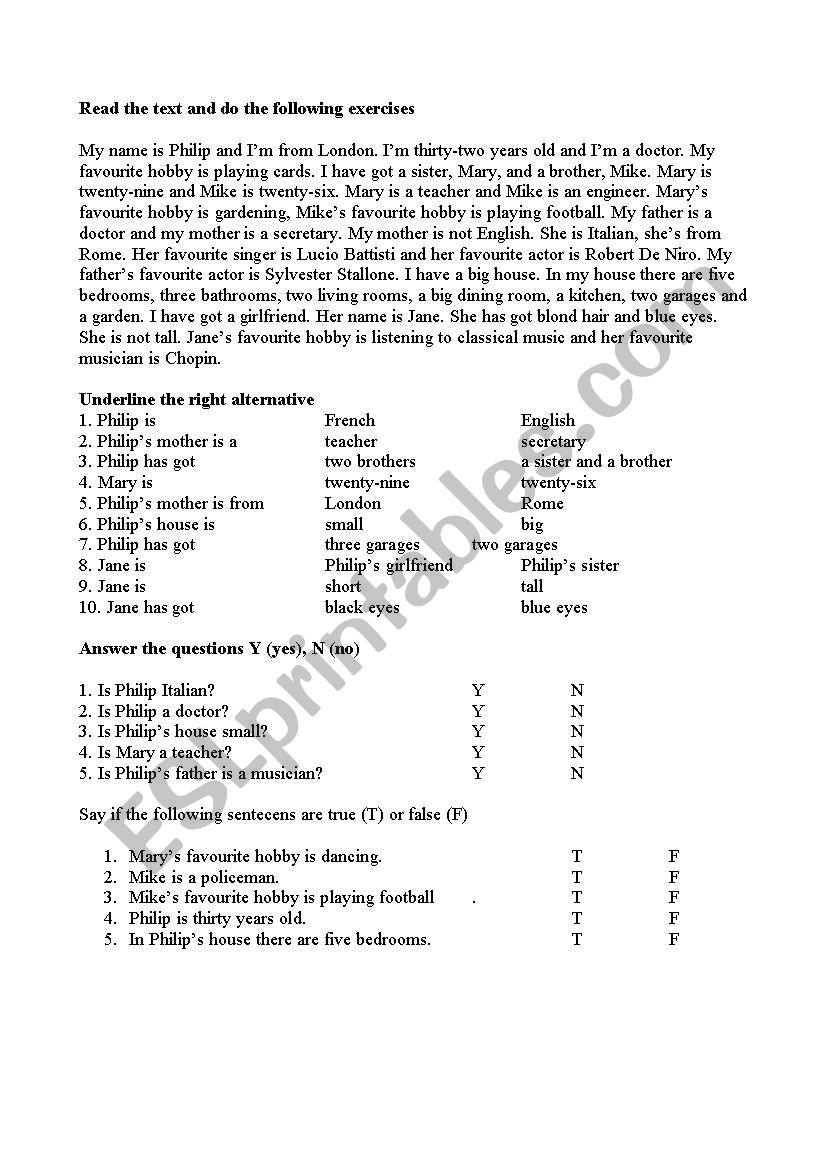 reading comprehension worksheet