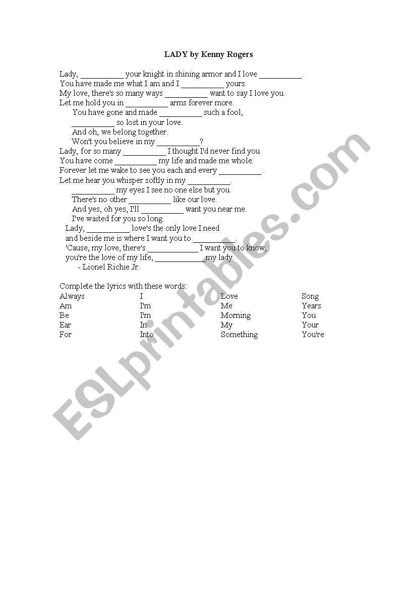 Song: Lady by Kenny Rogers worksheet