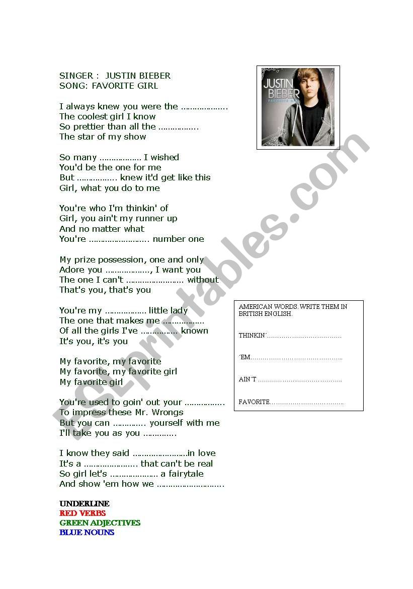 JUSTIN BIEBER FAVORITE GIRL worksheet