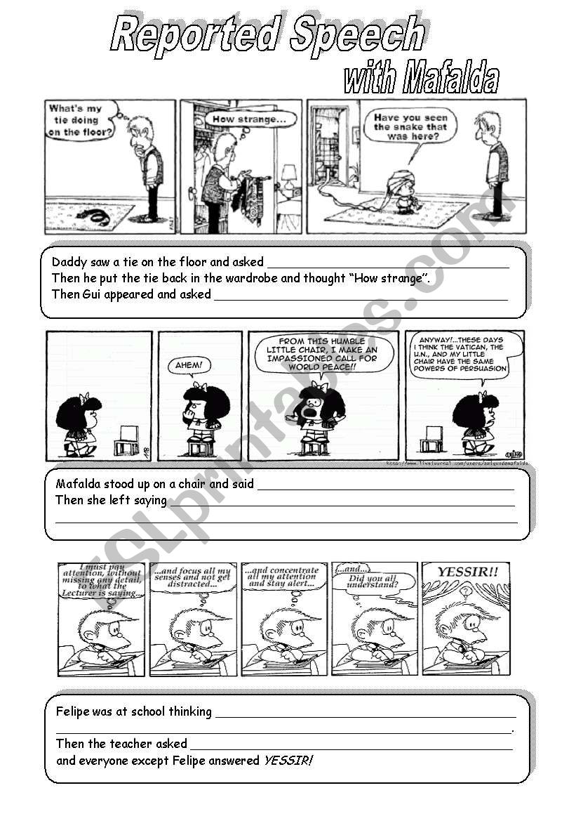 Reported Speech with Mafalda worksheet
