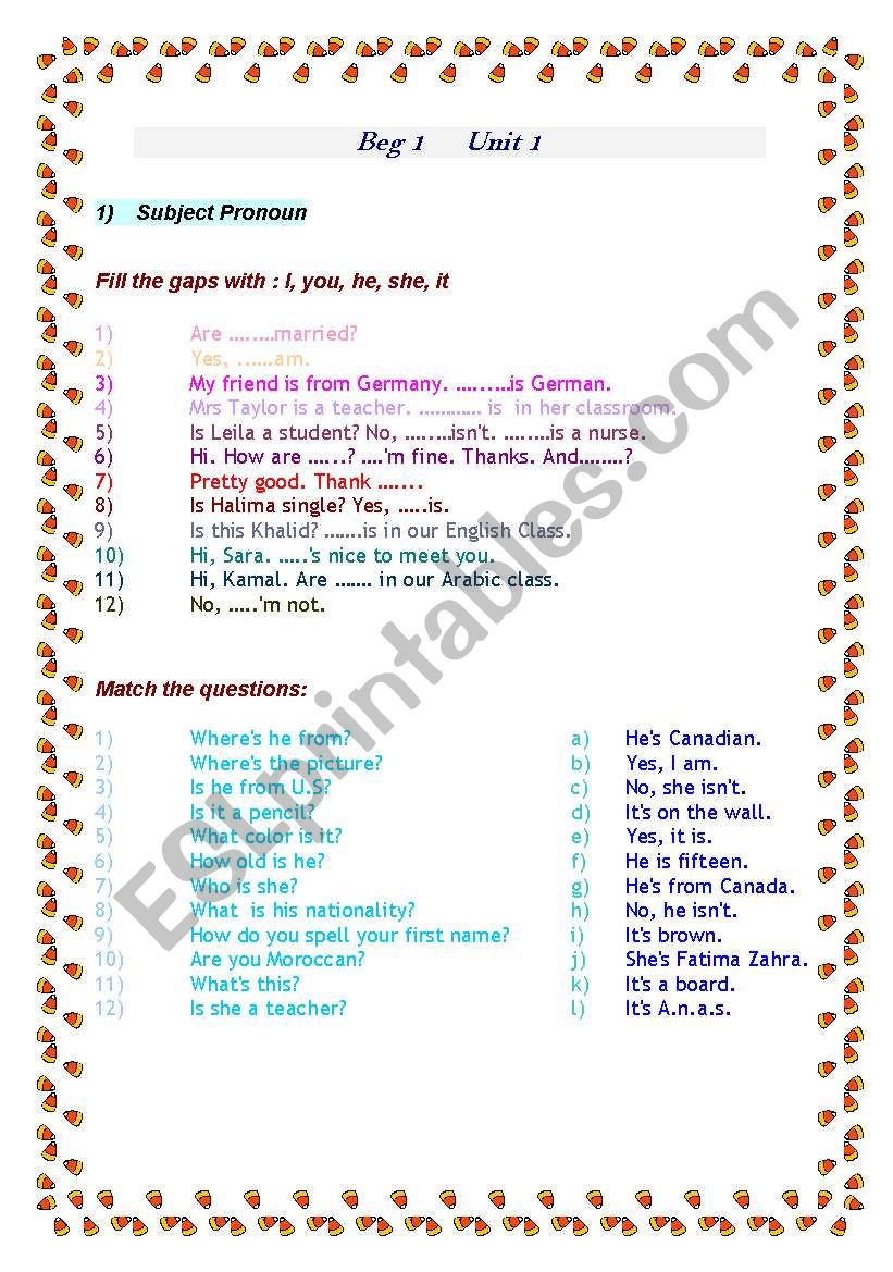 Verb to and subject pronouns worksheet