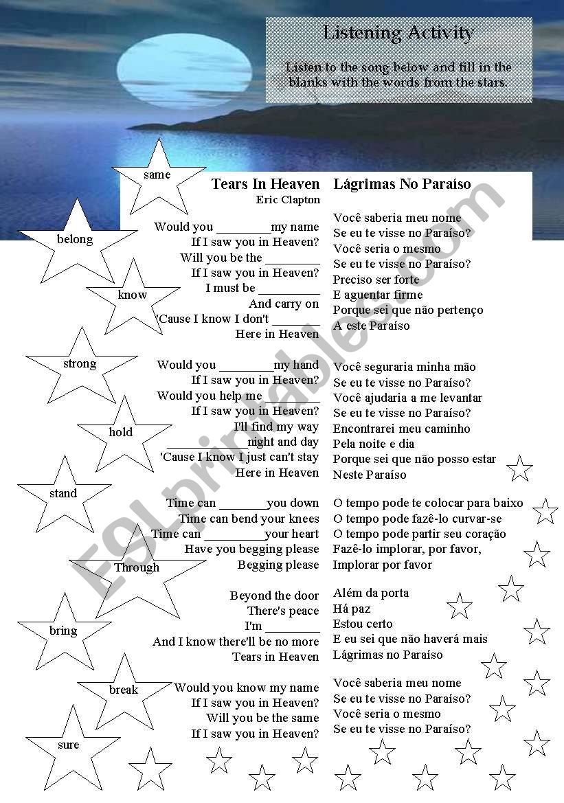 Song Worksheet - Tears in Heaven by Eric Clapton
