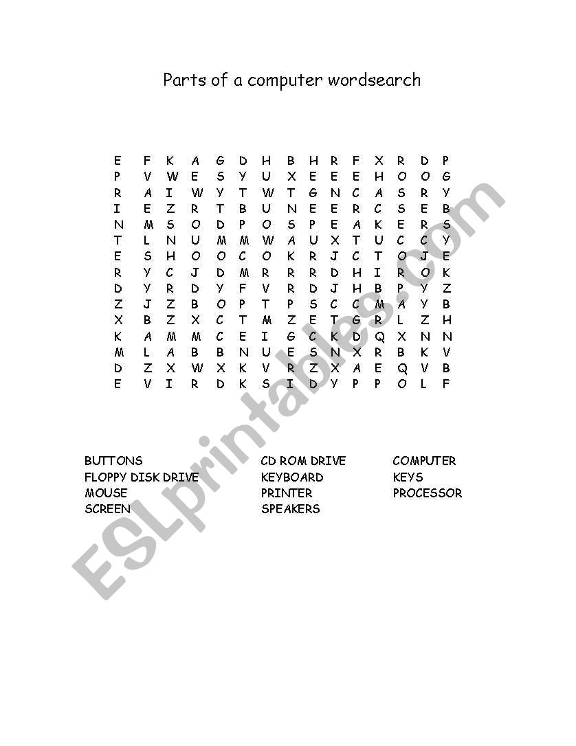PARTS OF COMPUTER WORDSEARCH worksheet