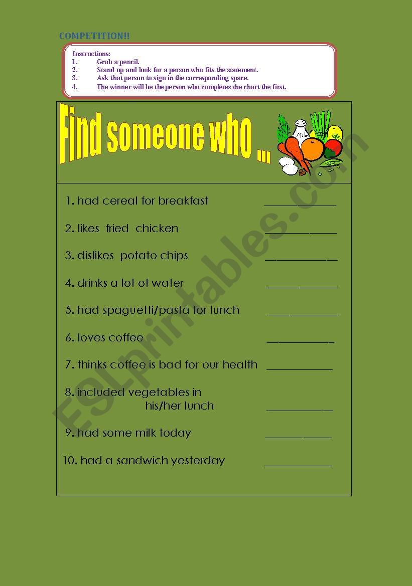 Find someone who ! (FOOD) worksheet
