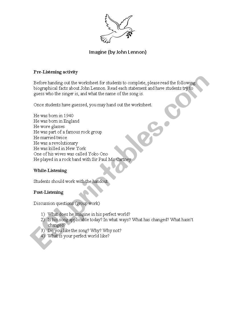 IMAGINE SONG LESSON worksheet