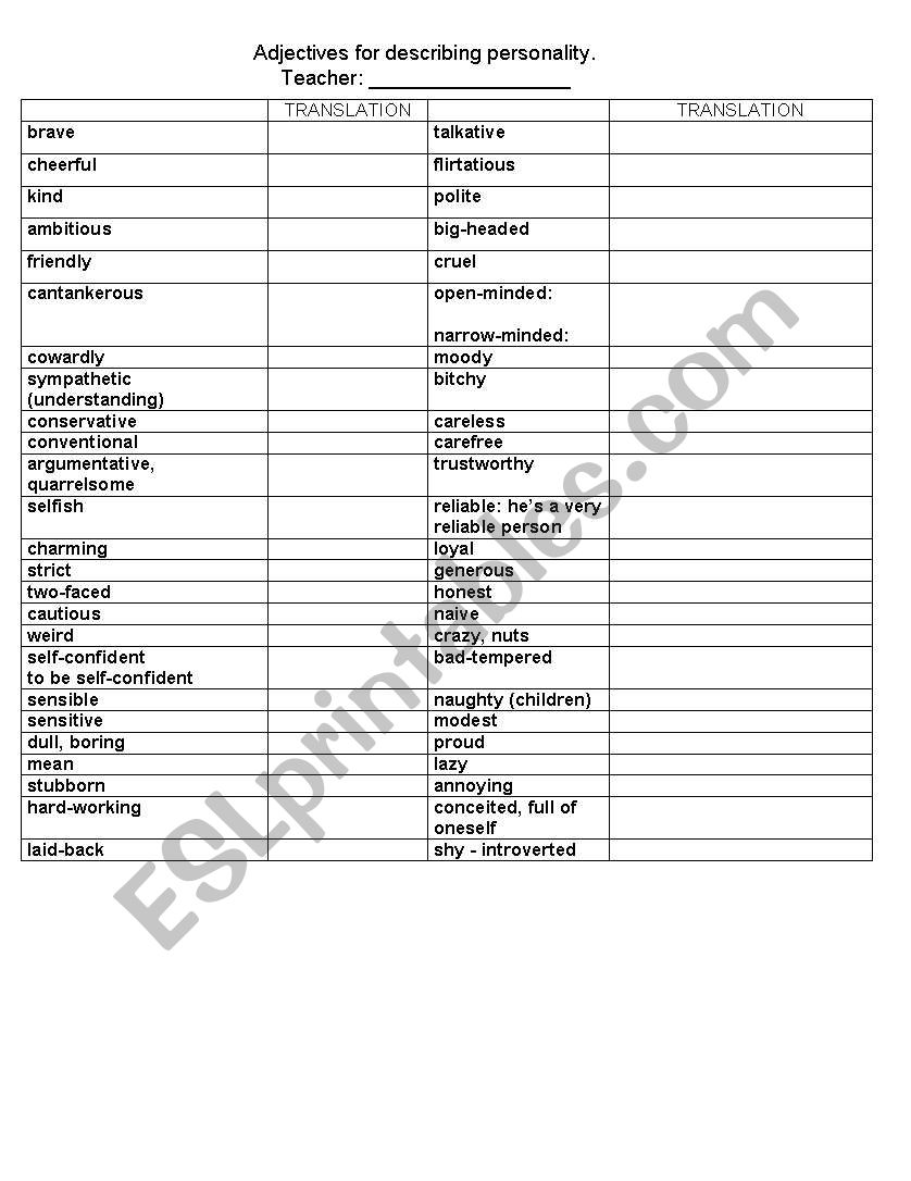 PERSONALITY TRAITS.  worksheet