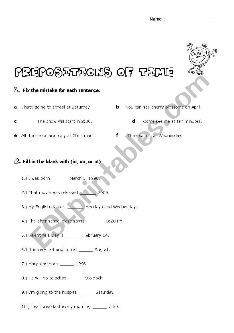 Prepositions of time worksheet