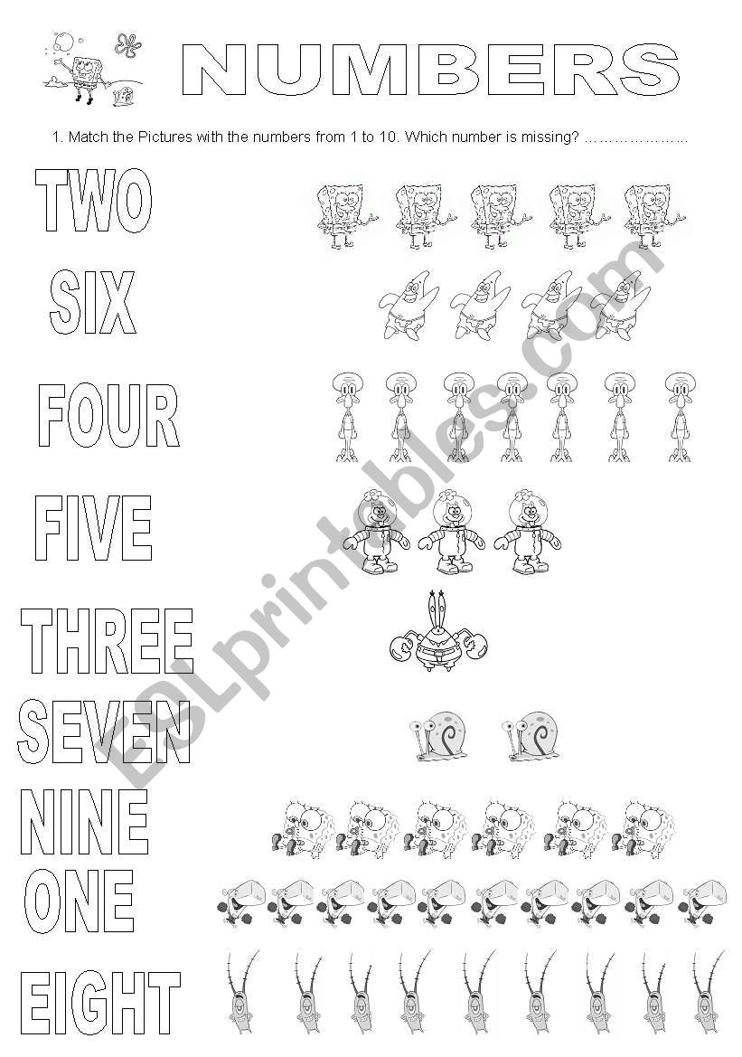 Numbers with Bob Esponja worksheet