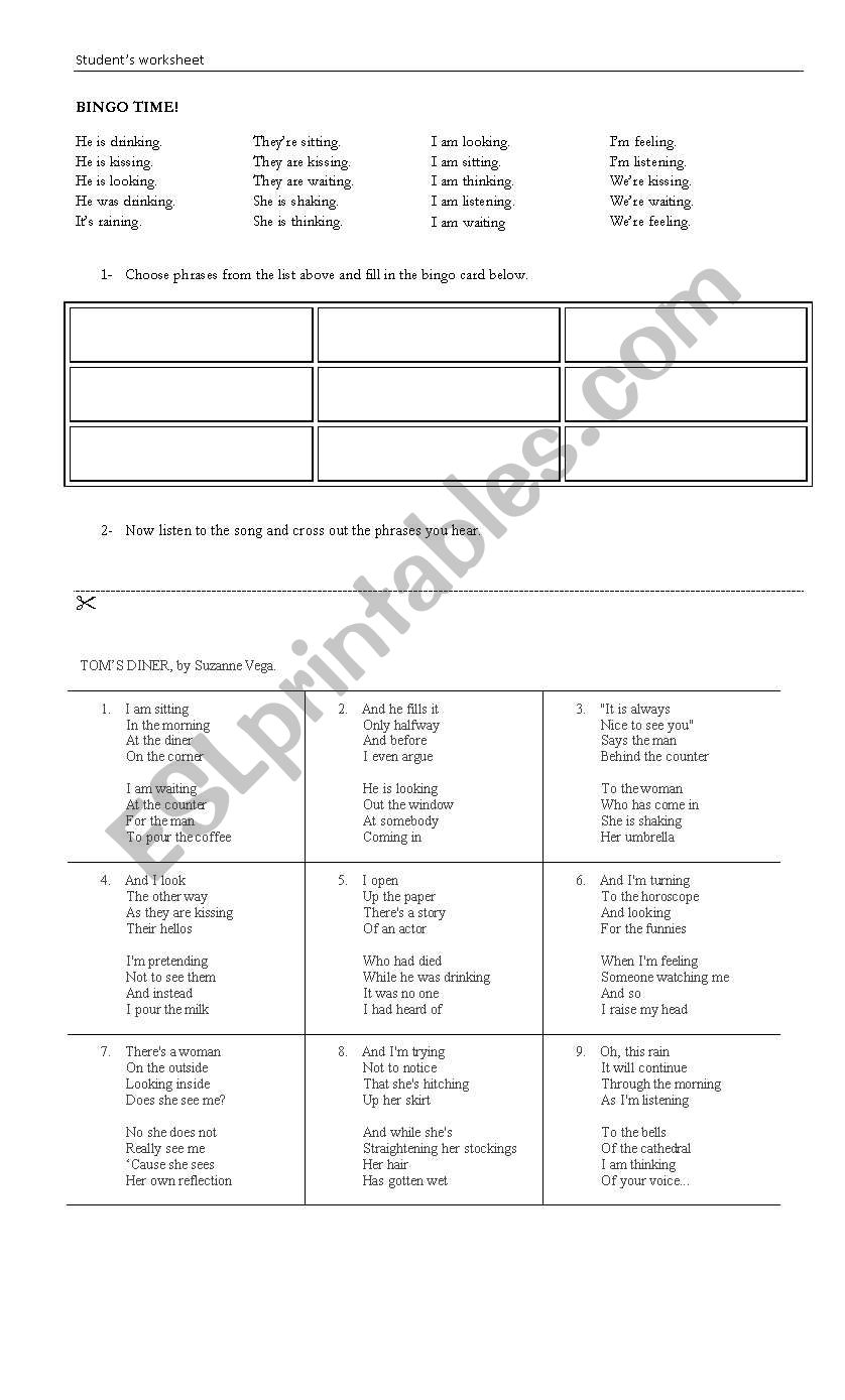 TOMS DINER + bingo worksheet