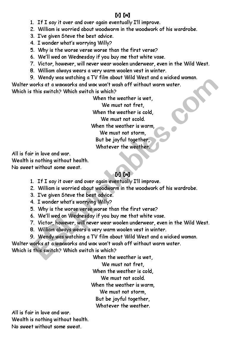 Phonetics V W worksheet