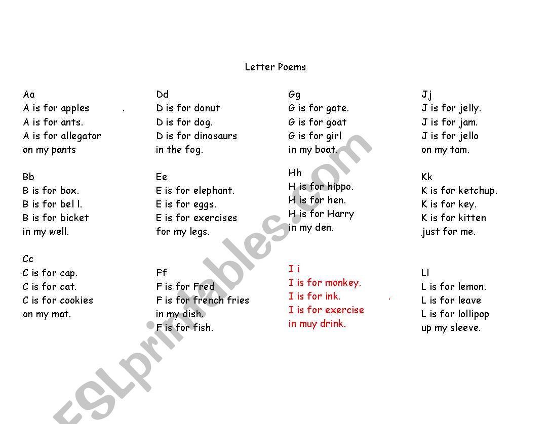 Letter poems worksheet