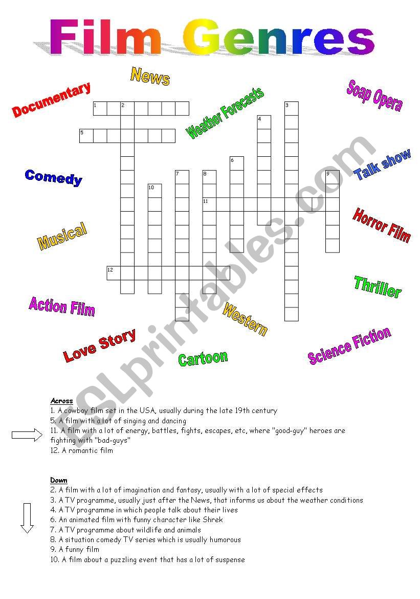Crossword on FILM GENRES worksheet