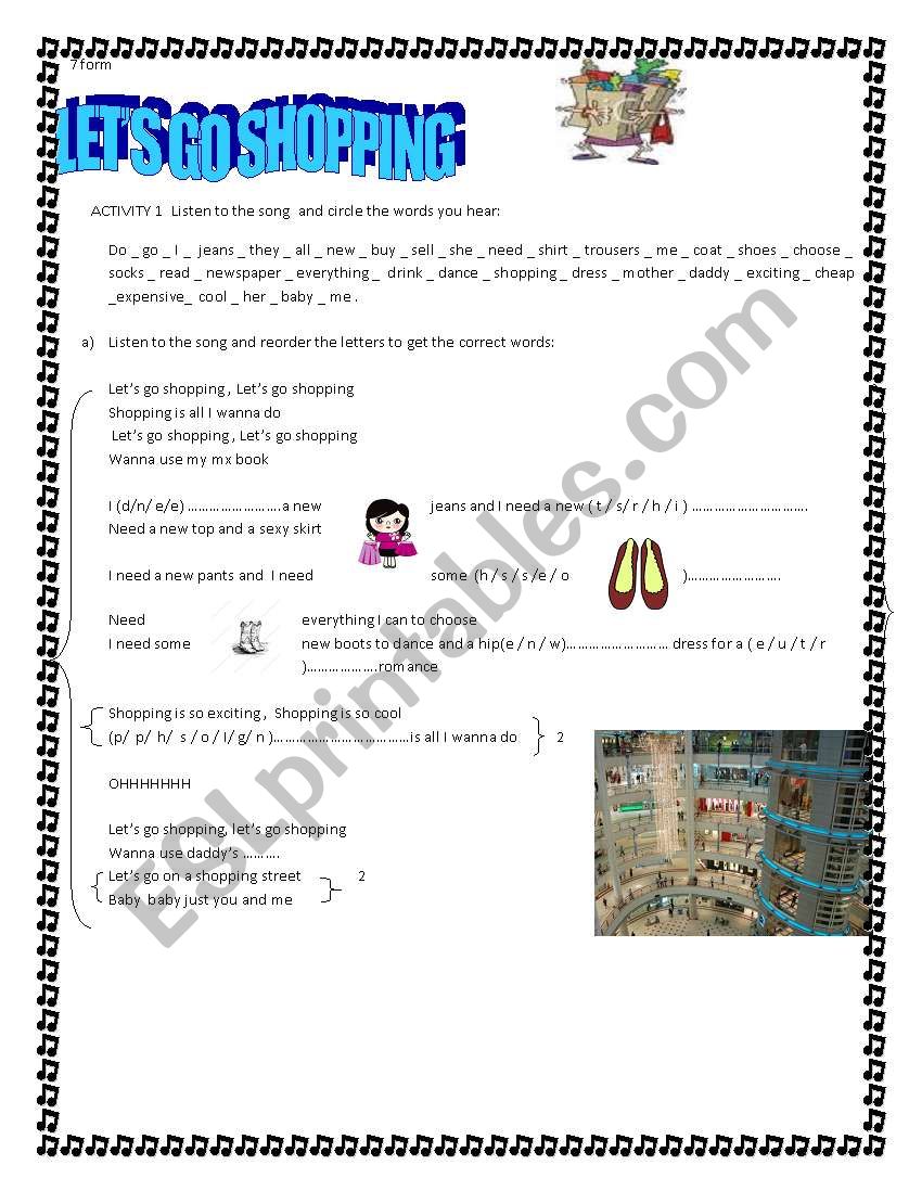 lets go shopping song worksheet